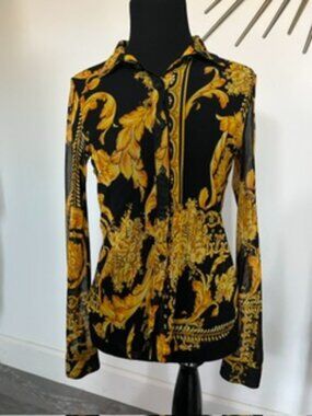 🧡3/15 Timing Black Yellow Floral Semi Sheer Top Women's S